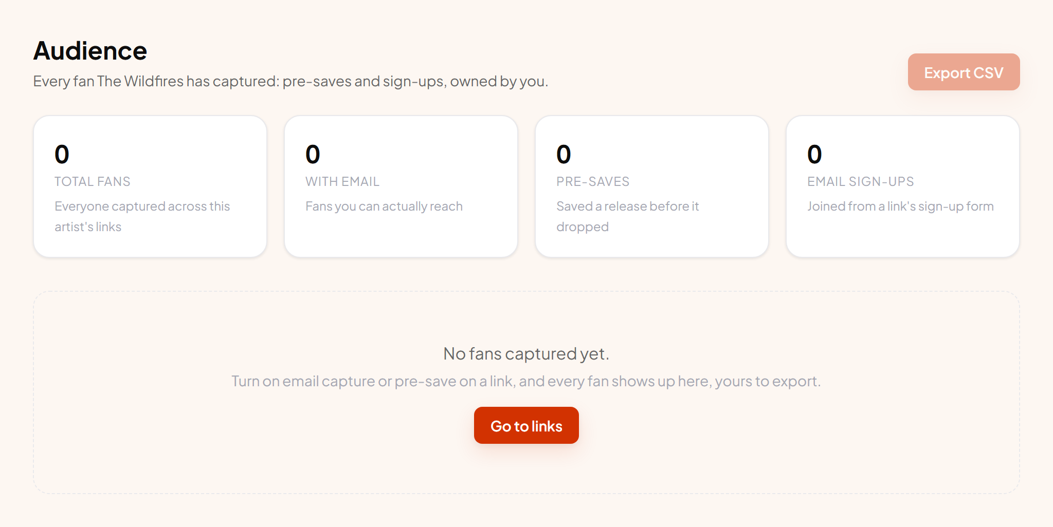 The audience page with totals, filters and the fan list.