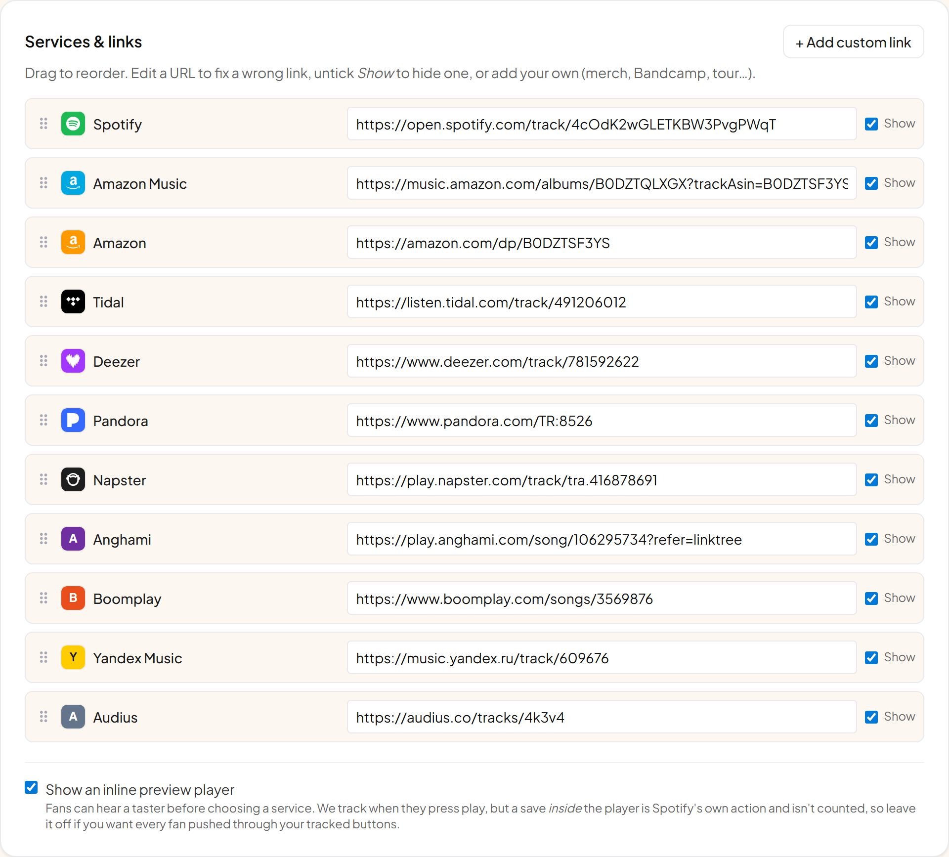 The services list in the link editor.